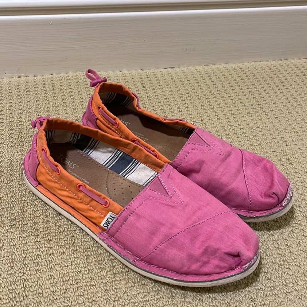 TOMS pink and orange slip ons- size 8